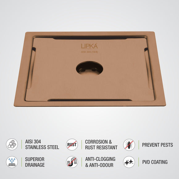 Yellow Exclusive Square Flat Cut Floor Drain in Antique Copper PVD Coating (6 x 6 Inches) with Hole - LIPKA - Lipka Home