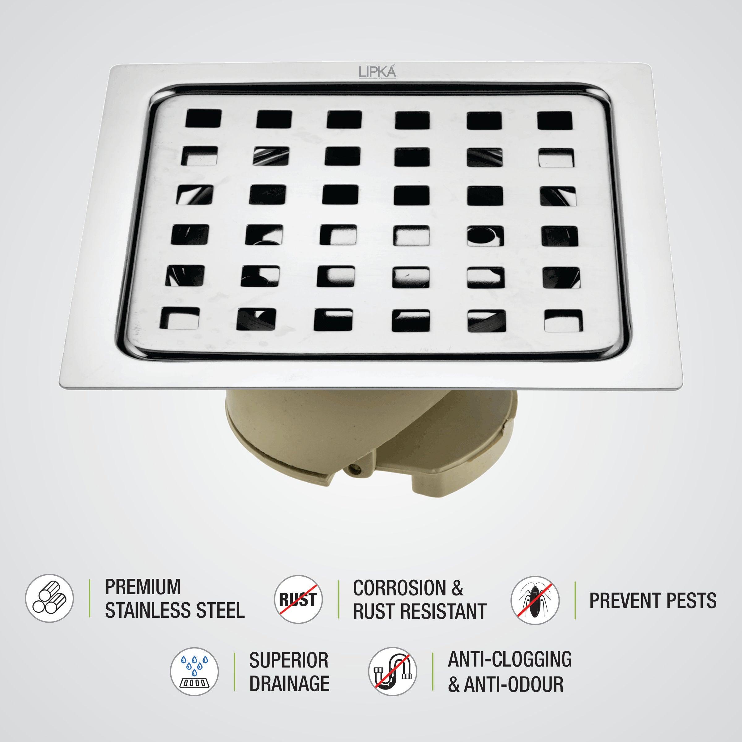 Square Jal Floor Drain (6 x 6 Inches) with Wide PVC Cockroach Trap - LIPKA - Lipka Home