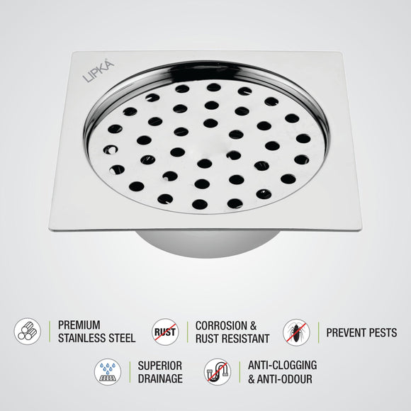 Super Sleek Square Flat Cut Floor Drain (6 x 6 Inches) with Cockroach Trap - LIPKA - Lipka Home