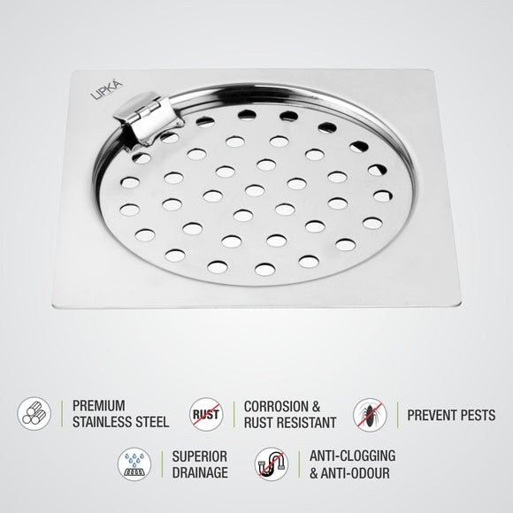 Eon Square Flat Cut Floor Drain with Plain Jali and Hinge (5 x 5 Inches) - LIPKA - Lipka Home