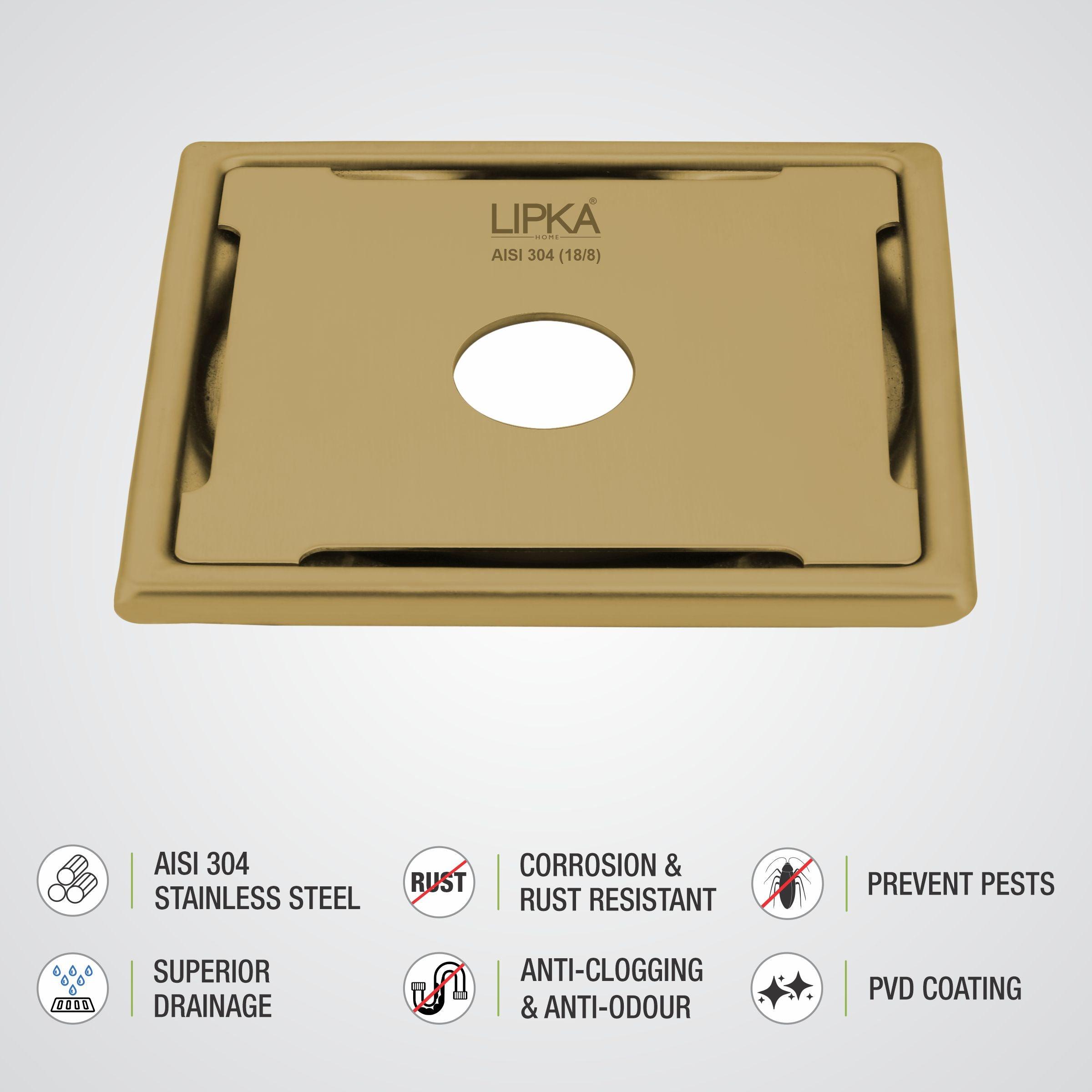 Yellow Exclusive Square Floor Drain in Yellow Gold PVD Coating (6 x 6 Inches) with Hole - LIPKA - Lipka Home