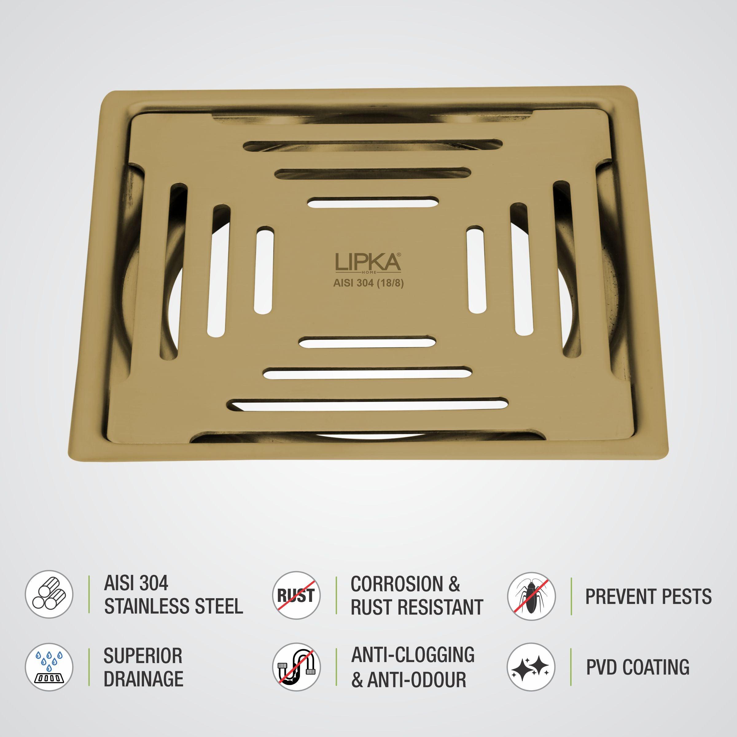 Green Exclusive Square Flat Cut Floor Drain in Yellow Gold PVD Coating (6 x 6 Inches) - LIPKA - Lipka Home