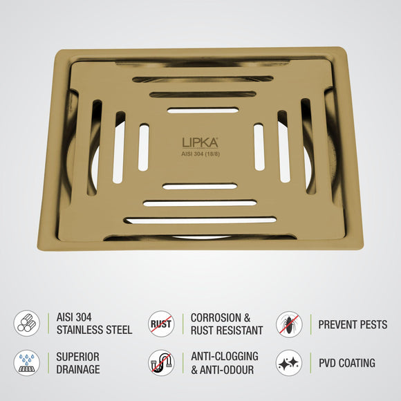 Green Exclusive Square Flat Cut Floor Drain in Yellow Gold PVD Coating (6 x 6 Inches) - LIPKA - Lipka Home