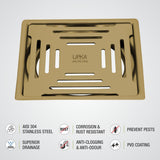 Green Exclusive Square Flat Cut Floor Drain in Yellow Gold PVD Coating (6 x 6 Inches) - LIPKA