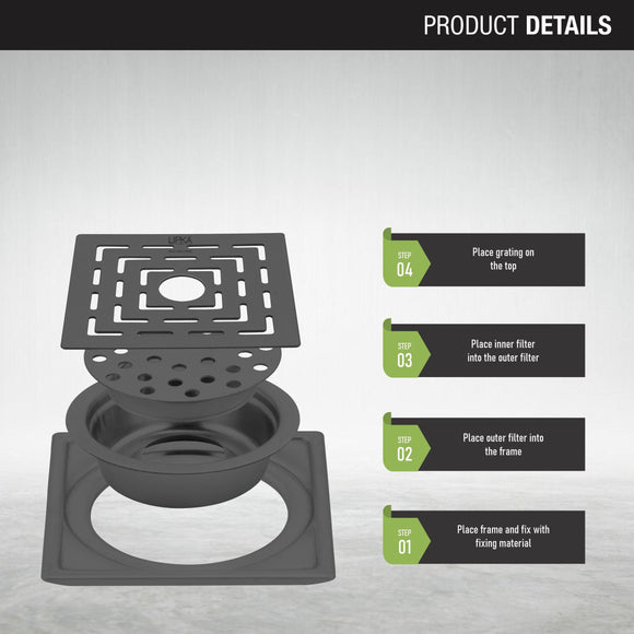 Orange Exclusive Square Floor Drain in Black PVD Coating (6 x 6 Inches) with Hole & Cockroach Trap - LIPKA - Lipka Home