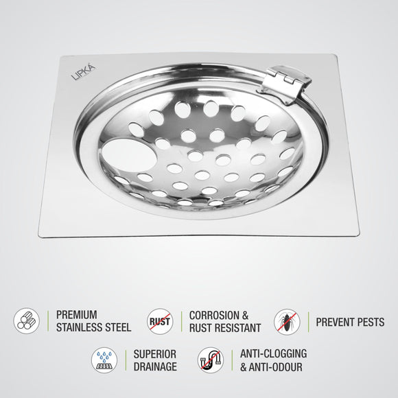 Eon Square Flat Cut Floor Drain with Hinge and Hole (5 x 5 Inches) - LIPKA - Lipka Home