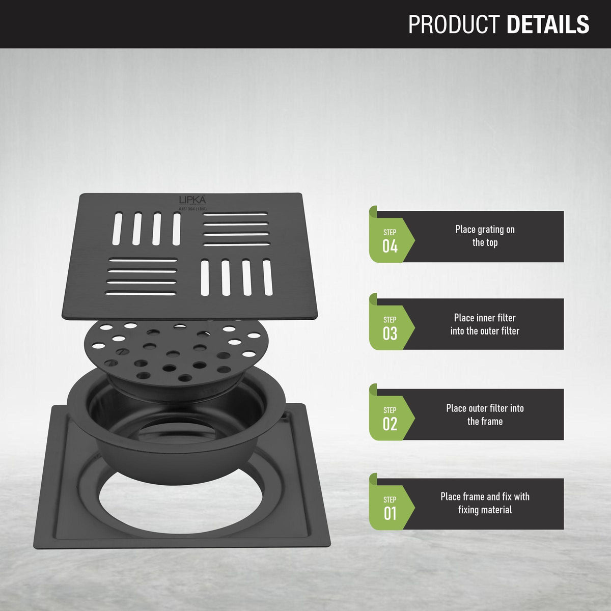 Pink Exclusive Square Flat Cut Floor Drain in Black PVD Coating (5 x 5 ...