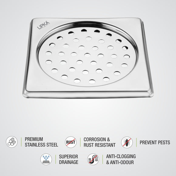 Eon Square Floor Drain with Plain Jali (6 x 6 Inches) - LIPKA - Lipka Home