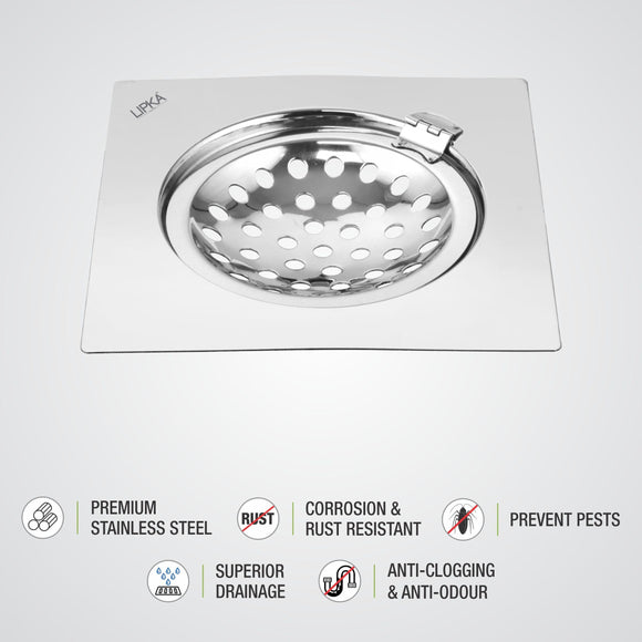 Eon Square Flat Cut Floor Drain with Hinge (6 x 6 Inches) - LIPKA - Lipka Home