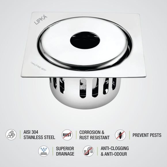 Full Moon Square Floor Drain (6 x 6 Inches) with Hole and Cockroach Trap - LIPKA - Lipka Home