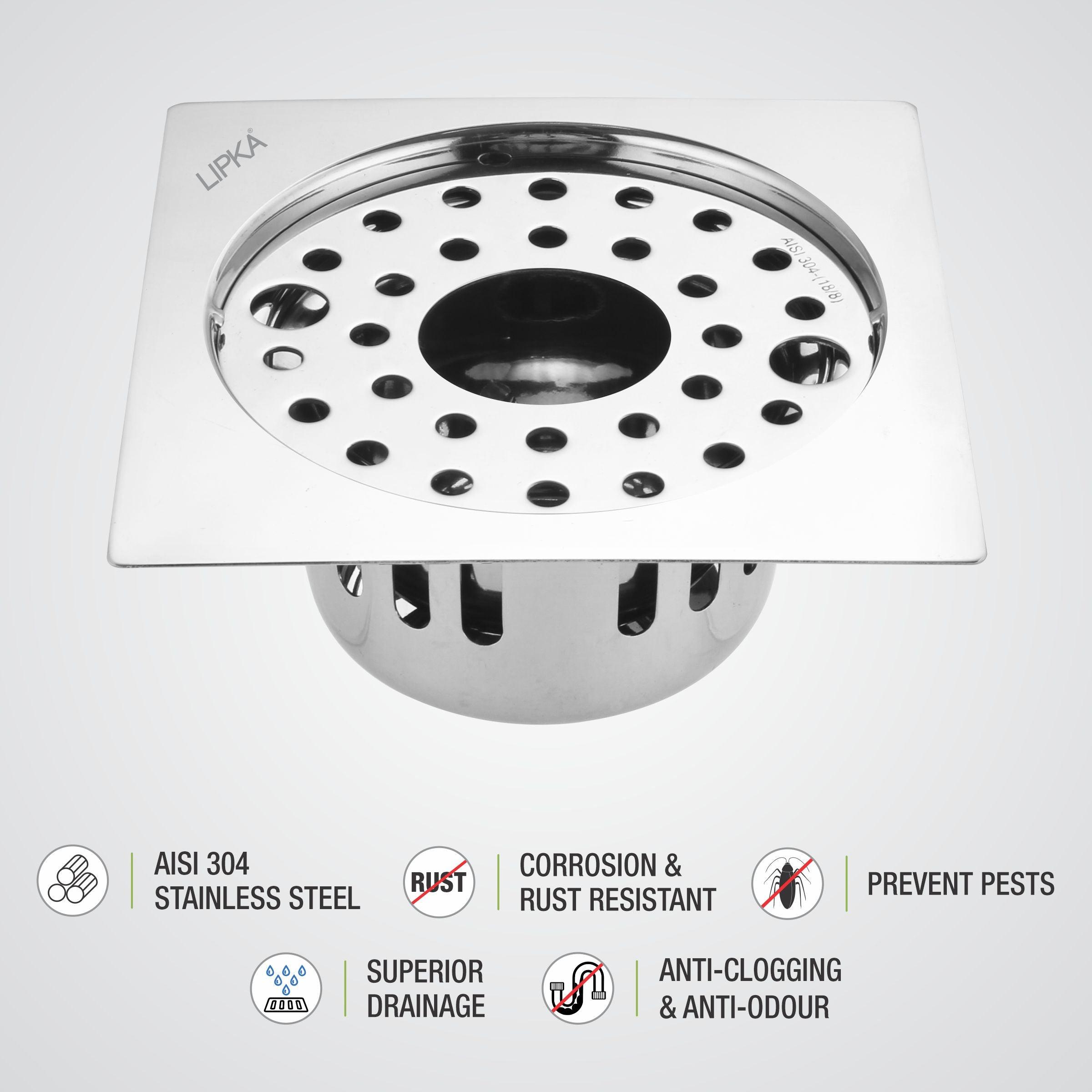 Square Flat Cut Floor Drain (5 x 5 Inches) with Lock, Hole and Cockroach Trap - LIPKA - Lipka Home