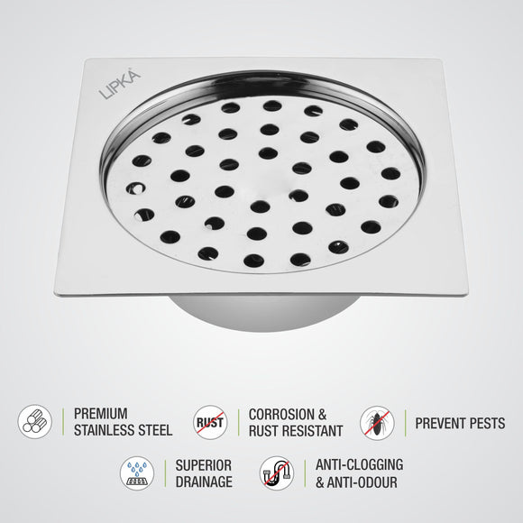 Super Sleek Square Flat Cut Floor Drain (5 x 5 Inches) with Cockroach Trap - LIPKA - Lipka Home