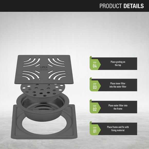 Purple Exclusive Square Floor Drain in Black PVD Coating (5 x 5 Inches) with Cockroach Trap - LIPKA - Lipka Home