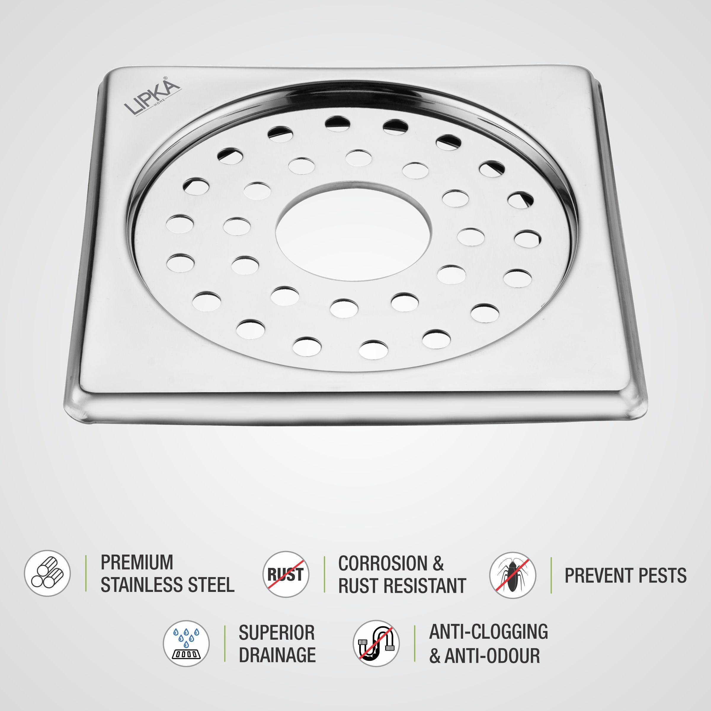 Eon Square Floor Drain with Plain Jali and Hole (6 x 6 Inches) - LIPKA - Lipka Home