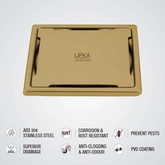 Yellow Exclusive Square Floor Drain in Yellow Gold PVD Coating (5 x 5 Inches) - LIPKA - Lipka Home