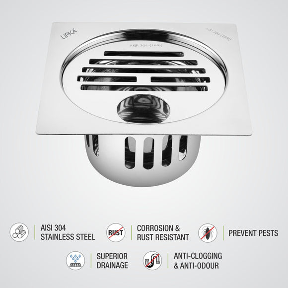 Golden Classic Jali Square Flat Cut Floor Drain (5 x 5 Inches) with Hole and Cockroach Trap - LIPKA - Lipka Home