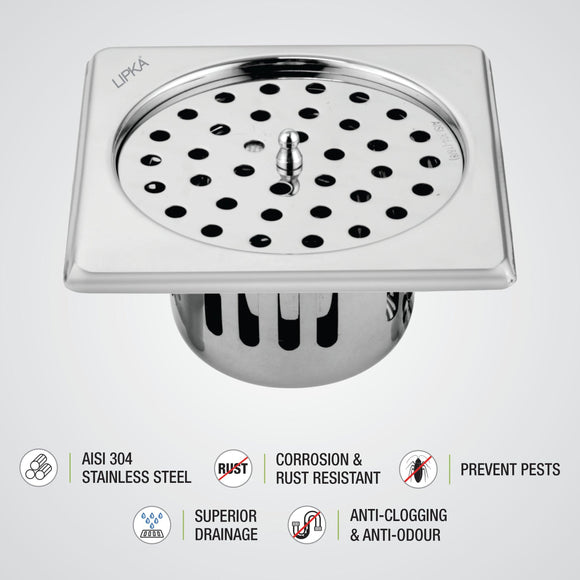 Square Floor Drain (5 x 5 Inches) with Lid and Cockroach Trap - LIPKA - Lipka Home