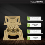 Green Exclusive Square Flat Cut Floor Drain in Yellow Gold PVD Coating (6 x 6 Inches) with Hole & Cockroach Trap - LIPKA