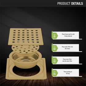 Red Exclusive Square Floor Drain in Yellow Gold PVD Coating (6 x 6 Inches) with Cockroach Trap - LIPKA - Lipka Home