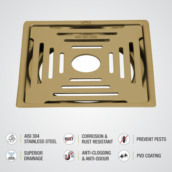 Green Exclusive Square Flat Cut Floor Drain in Yellow Gold PVD Coating (6 x 6 Inches) with Hole - LIPKA - Lipka Home