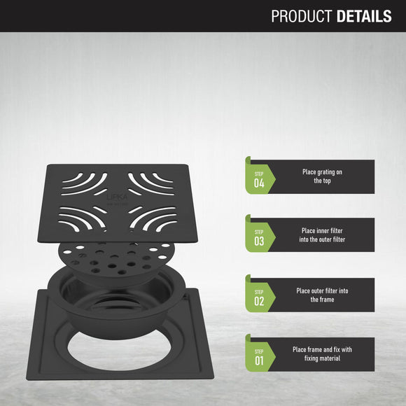 Purple Exclusive Square Flat Cut Floor Drain in Black PVD Coating (6 x 6 Inches) with Cockroach Trap - LIPKA - Lipka Home