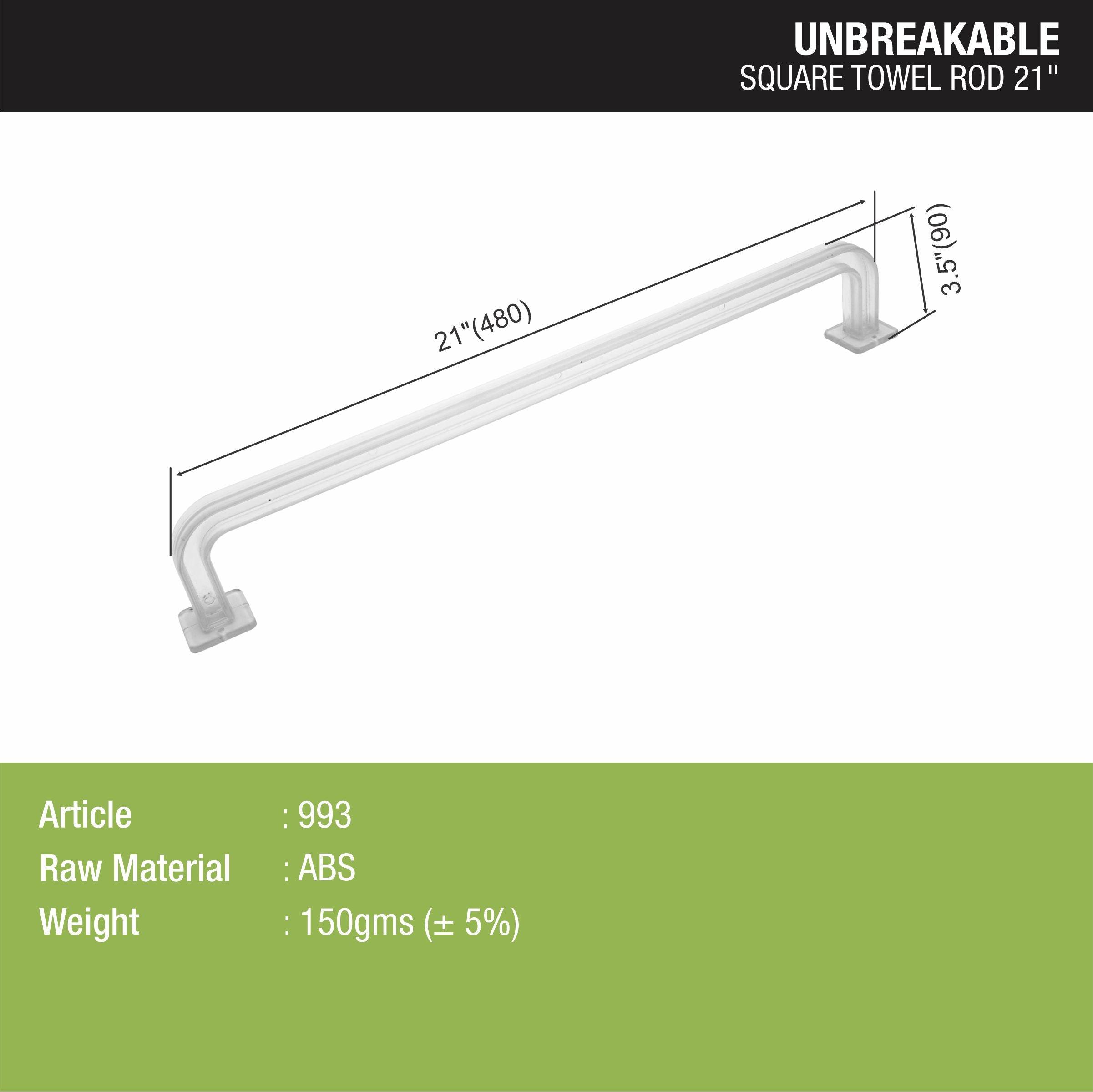 ABS Square Towel Rod (21 Inches) sizes and dimensions