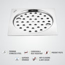Eon Square Flat Cut Floor Drain with Plain Jali and Lock (5 x 5 Inches) - LIPKA - Lipka Home