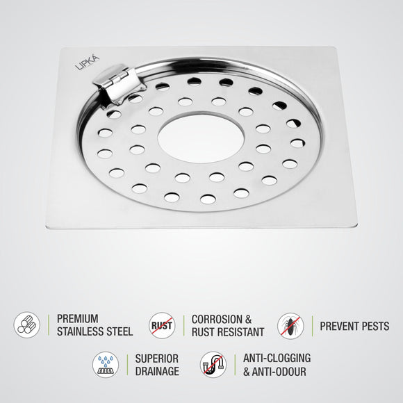 Eon Square Flat Cut Floor Drain with Plain Jali, Hinge and Hole (6 x 6 Inches) - LIPKA - Lipka Home