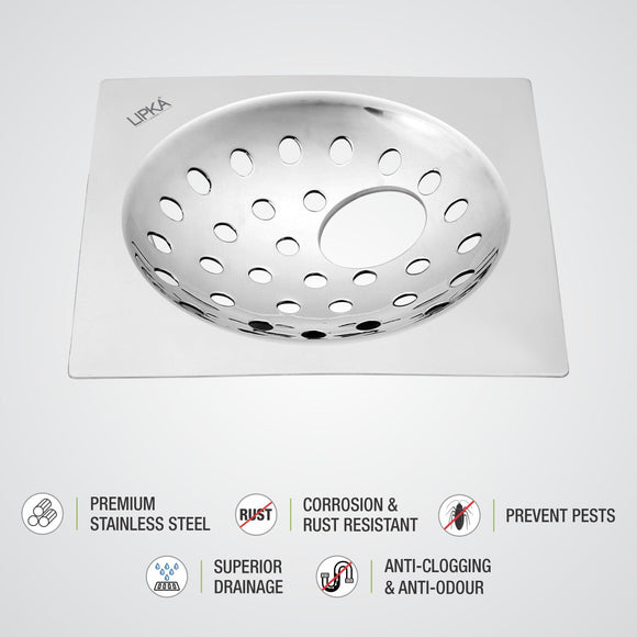 UNO Square Flat Cut Floor Drain (5 x 5 Inches) with Hole - LIPKA - Lipka Home