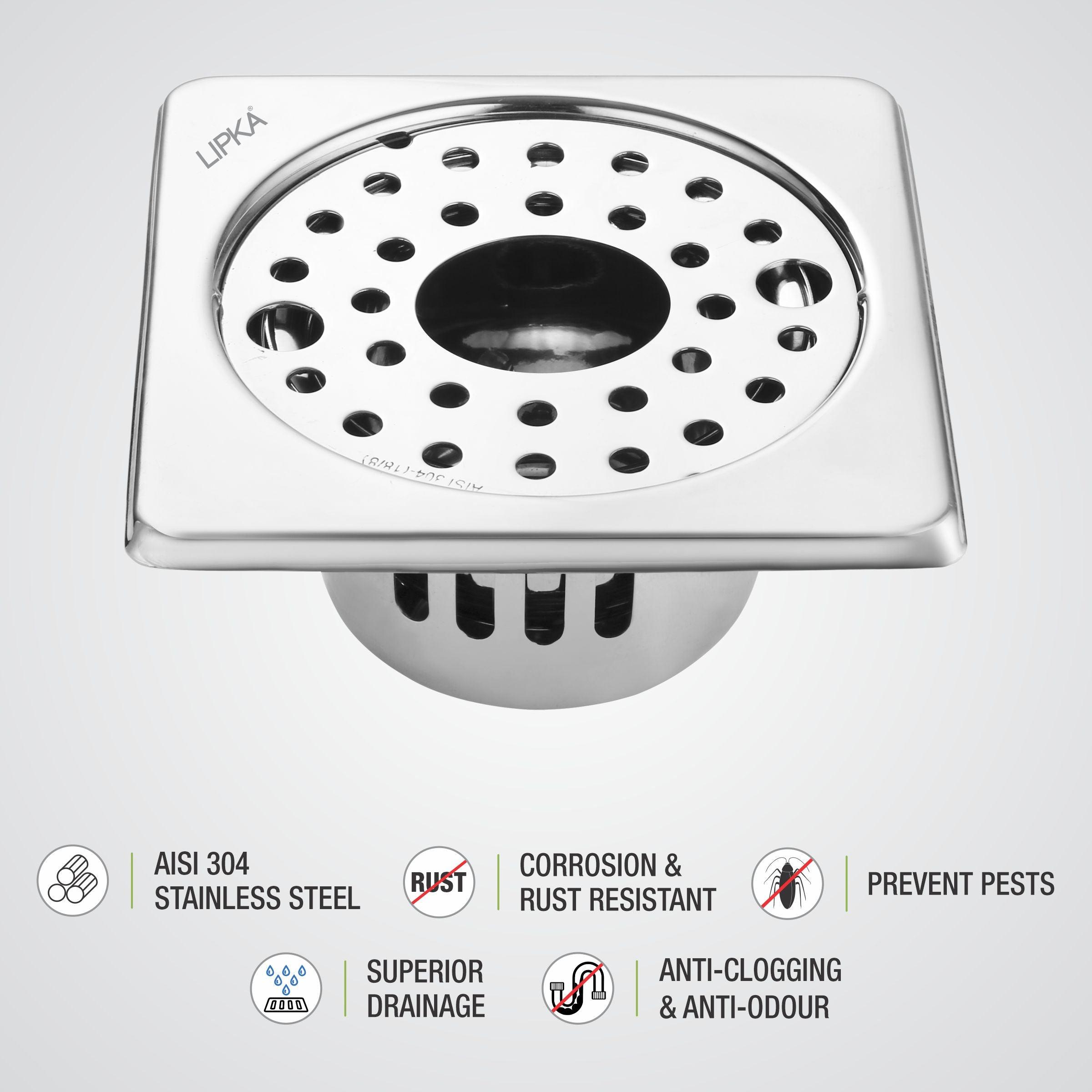 Square Floor Drain (5 x 5 Inches) with Lock, Hole and Cockroach Trap - LIPKA - Lipka Home