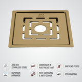 Orange Flat Cut Exclusive Square Floor Drain in Yellow Gold PVD Coating (5 x 5 Inches) with Hole - LIPKA