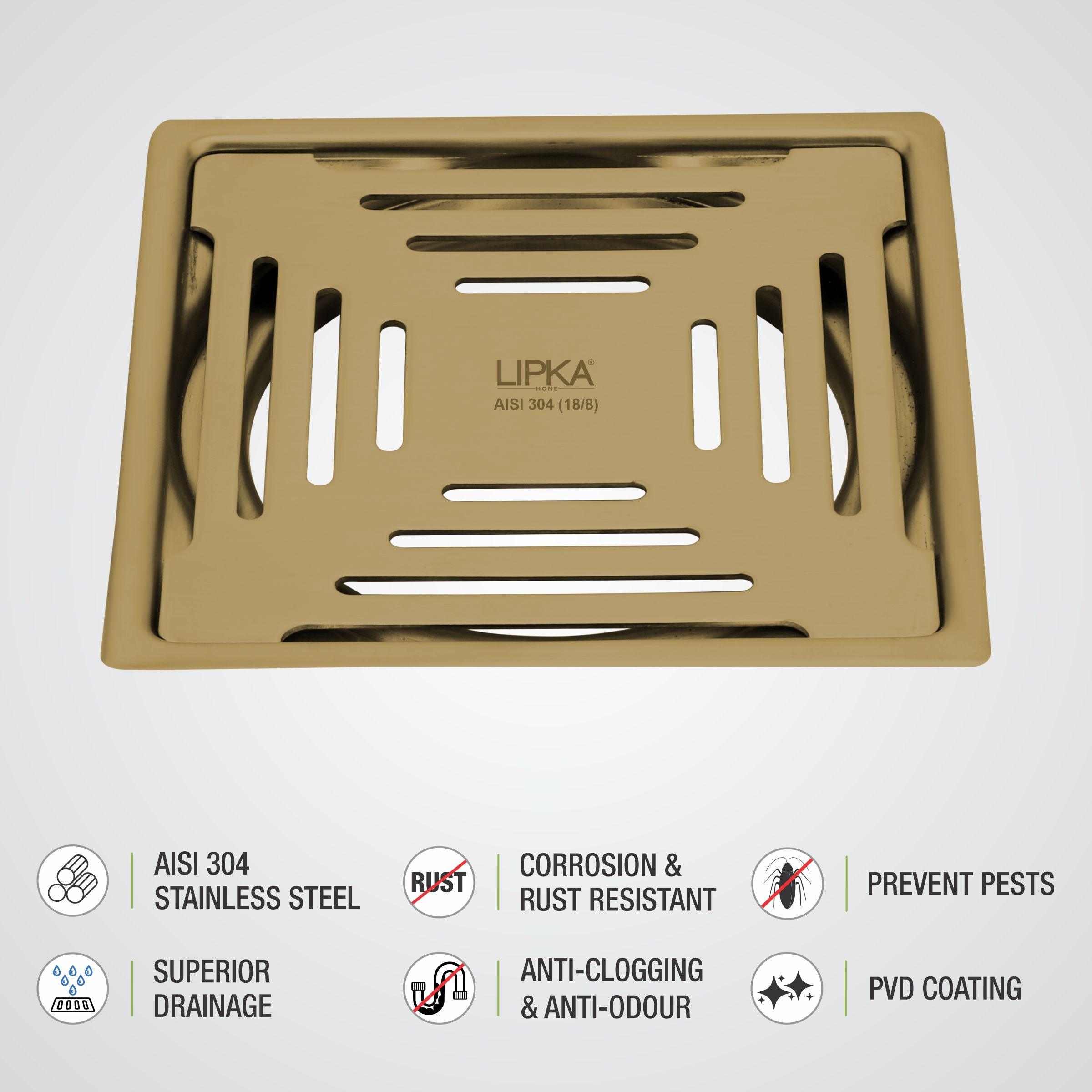 Green Exclusive Square Flat Cut Floor Drain in Yellow Gold PVD Coating (5 x 5 Inches) - LIPKA - Lipka Home