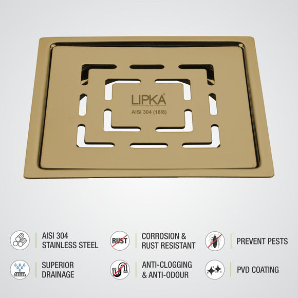 Orange Exclusive Square Flat Cut Floor Drain in Yellow Gold PVD Coating (6 x 6 Inches) - LIPKA - Lipka Home