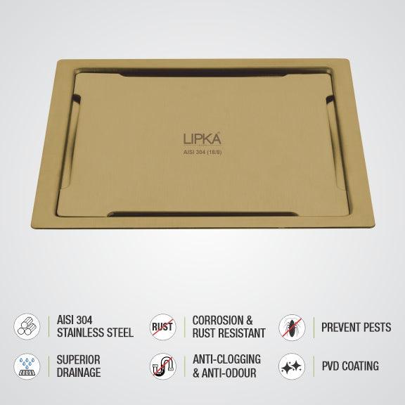 Yellow Exclusive Square Flat Cut Floor Drain in Yellow Gold PVD Coating (5 x 5 Inches) - LIPKA - Lipka Home