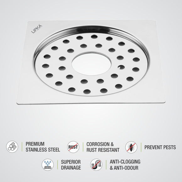 Eon Square Flat Cut Floor Drain with Plain Jali and Hole (5 x 5 Inches) - LIPKA - Lipka Home