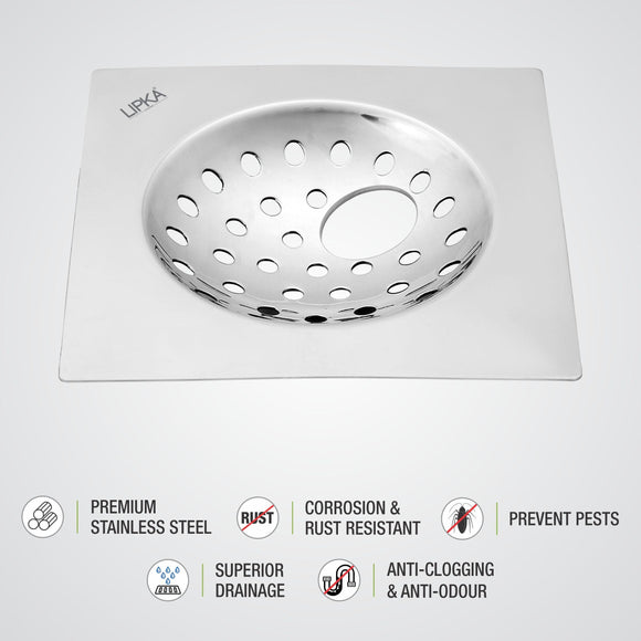 UNO Square Flat Cut Floor Drain (6 x 6 Inches) with Hole - LIPKA - Lipka Home