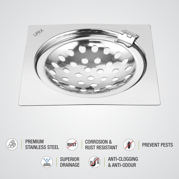 Eon Square Flat Cut Floor Drain with Hinge (5 x 5 Inches) - LIPKA - Lipka Home