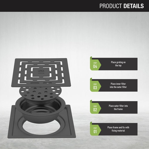 Orange Exclusive Square Flat Cut Floor Drain in Black PVD Coating (5 x 5 Inches) with Cockroach Trap - LIPKA - Lipka Home