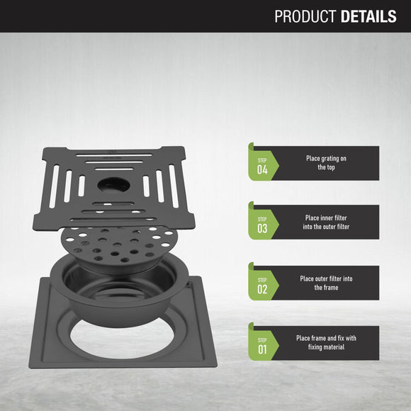 Green Exclusive Square Flat Cut Floor Drain in Black PVD Coating (6 x 6 Inches) with Hole & Cockroach Trap - LIPKA - Lipka Home