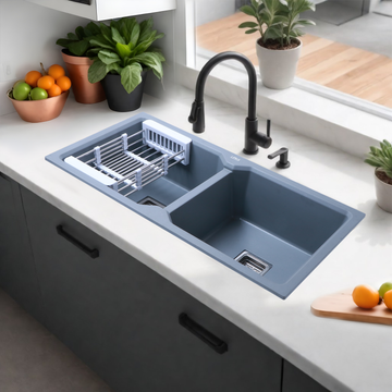 Smokey Grey Quartz Double Bowl Kitchen Sink (45 x 20 x 9 Inches) - LIPKA - Lipka Home