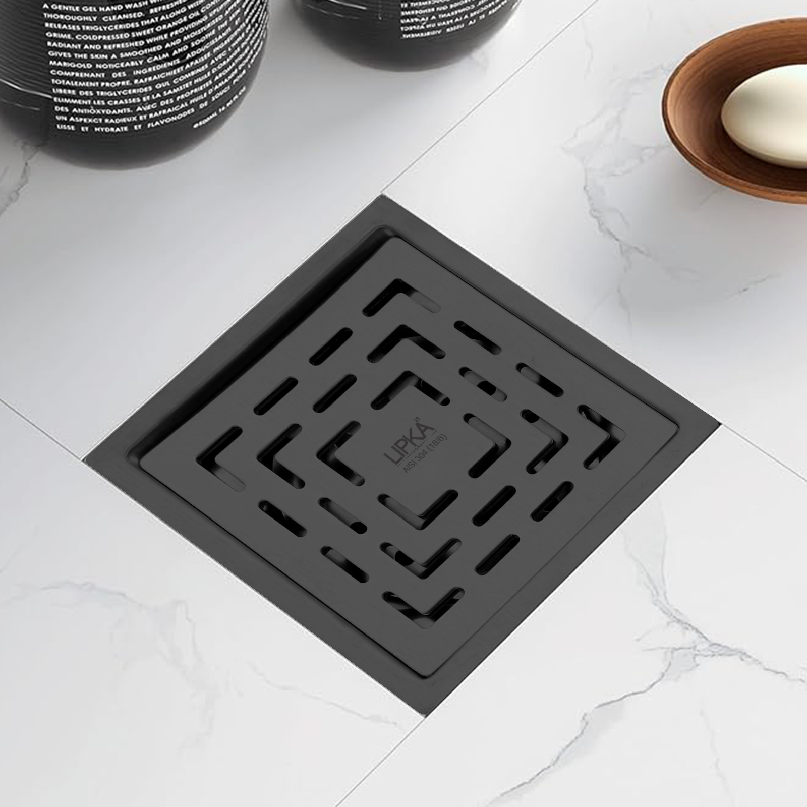 Orange Exclusive Square Flat Cut Floor Drain in Black PVD Coating (6 x 6 Inches) with Cockroach Trap - LIPKA - 0