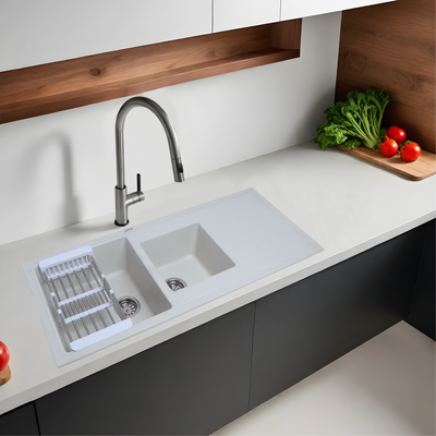 Crystal White Double Bowl with Drainboard Kitchen Sink (45 x 20 x 9 Inches) - LIPKA - Lipka Home