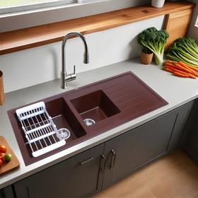 Choco Brown Quartz Double Bowl with Drainboard Kitchen Sink (45 x 20 x 9 Inches) - LIPKA - Lipka Home
