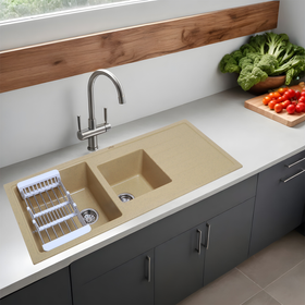 Sand Choco Quartz Double Bowl with Drainboard Kitchen Sink (45 x 20 x 9 Inches) - LIPKA - Lipka Home