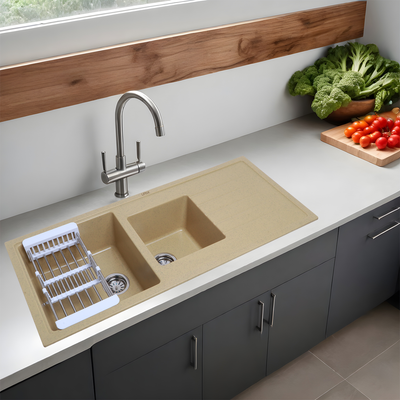 Sand Choco Quartz Double Bowl with Drainboard Kitchen Sink (45 x 20 x 9 Inches) - LIPKA - Lipka Home