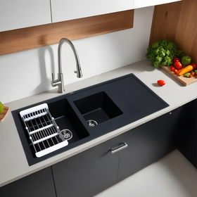 Black Quartz Double Bowl with Drainboard Kitchen Sink (45 x 20 x 9 Inches) - LIPKA - Lipka Home