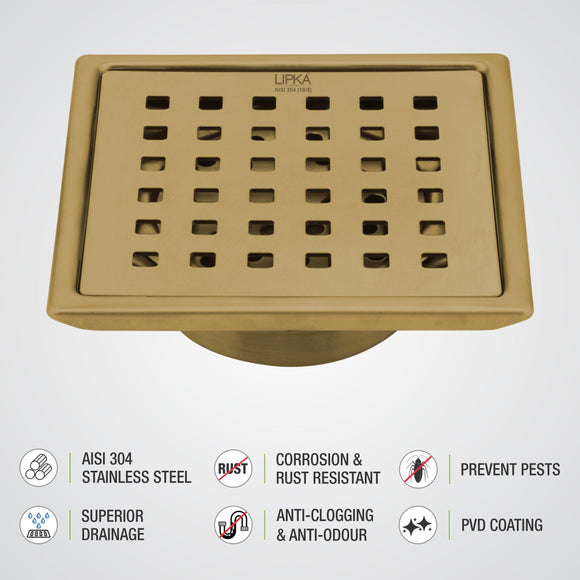 Red Exclusive Square Floor Drain in Yellow Gold PVD Coating (5 x 5 Inches) with Cockroach Trap - LIPKA - Lipka Home