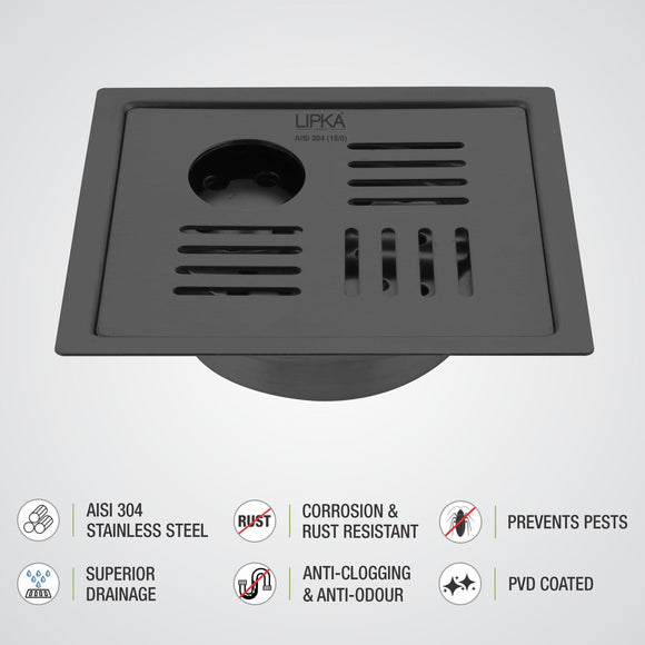 Pink Exclusive Square Flat Cut Floor Drain in Black PVD Coating (5 x 5 Inches) with Hole & Cockroach Trap - LIPKA - Lipka Home