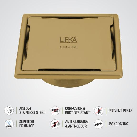 Yellow Exclusive Square Floor Drain in Yellow Gold PVD Coating (6 x 6 Inches) with Cockroach Trap - LIPKA - Lipka Home