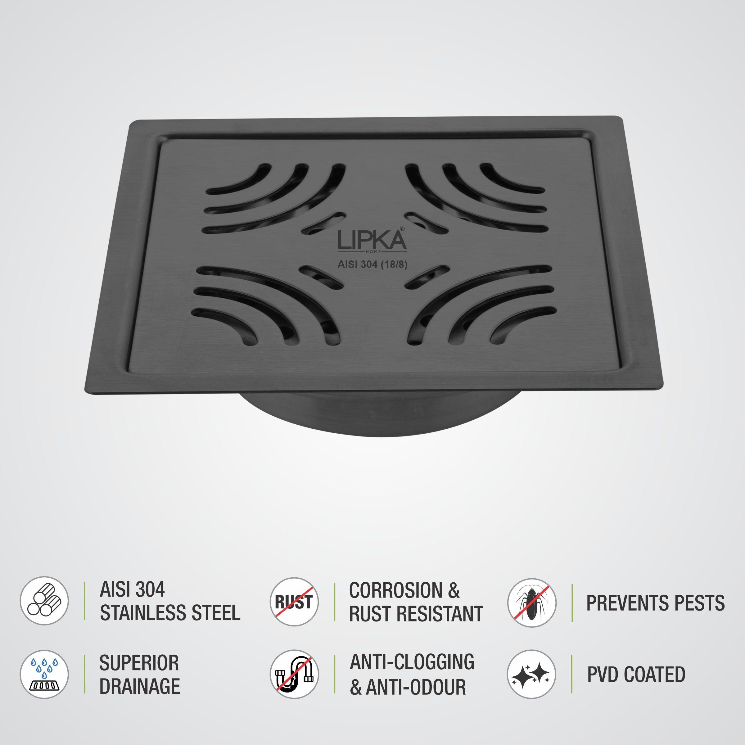 Purple Exclusive Square Flat Cut Floor Drain in Black PVD Coating (5 x 5 Inches) with Cockroach Trap details